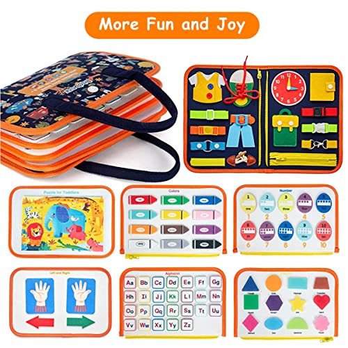 PATPAT® Toddler Busy Board, Montessori Toy with Dinosaur Knowledge for Develop Basic Skills, All in 1 Learn to Dress Toy for 1-4 Year Old Kids, Parent-Kids Activity , Bag Design for Travel,color Multi