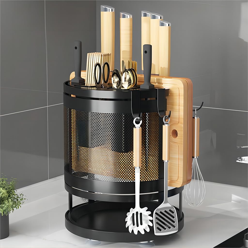 HASTHIP Kitchen Organizer for Tableware and Cutting Boards with 360° Rotatable Design | 23.5x24cm Carbon Steel Rack with 4 Hooks