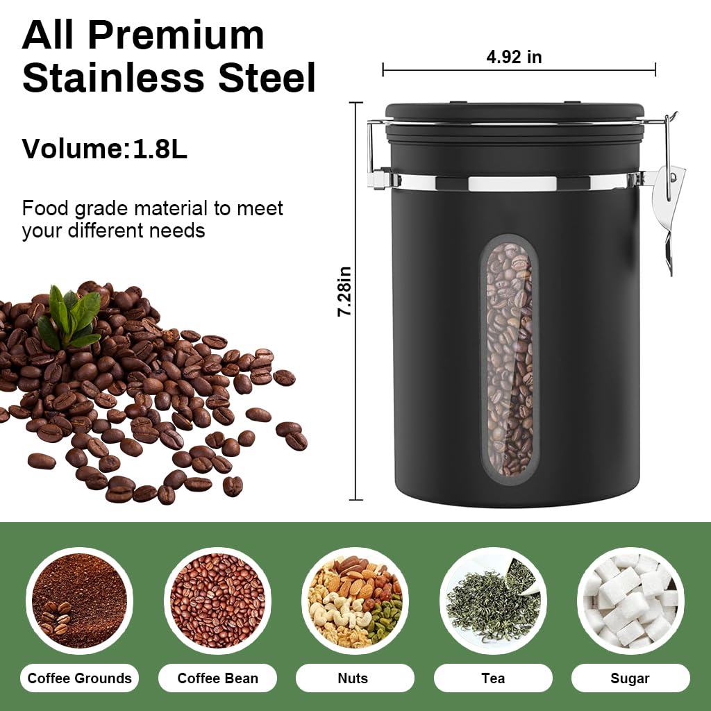 Supvox® Coffee Bean Canister 63Oz/1.8L Airtight 304 Stainless Steel Kitchen Food Container Food Storage Can with Built in Date Tracker & Clear Window Canister Food Can for Coffee, Sugar, Tea, Flour