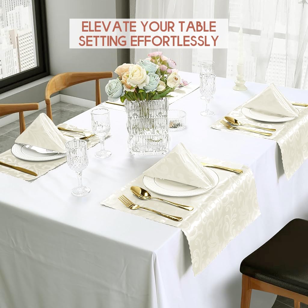 HASTHIP Kitchen Napkins for Dining and Parties with Elegant White Jacquard Design 19x19 in | Washable Reusable Polyester