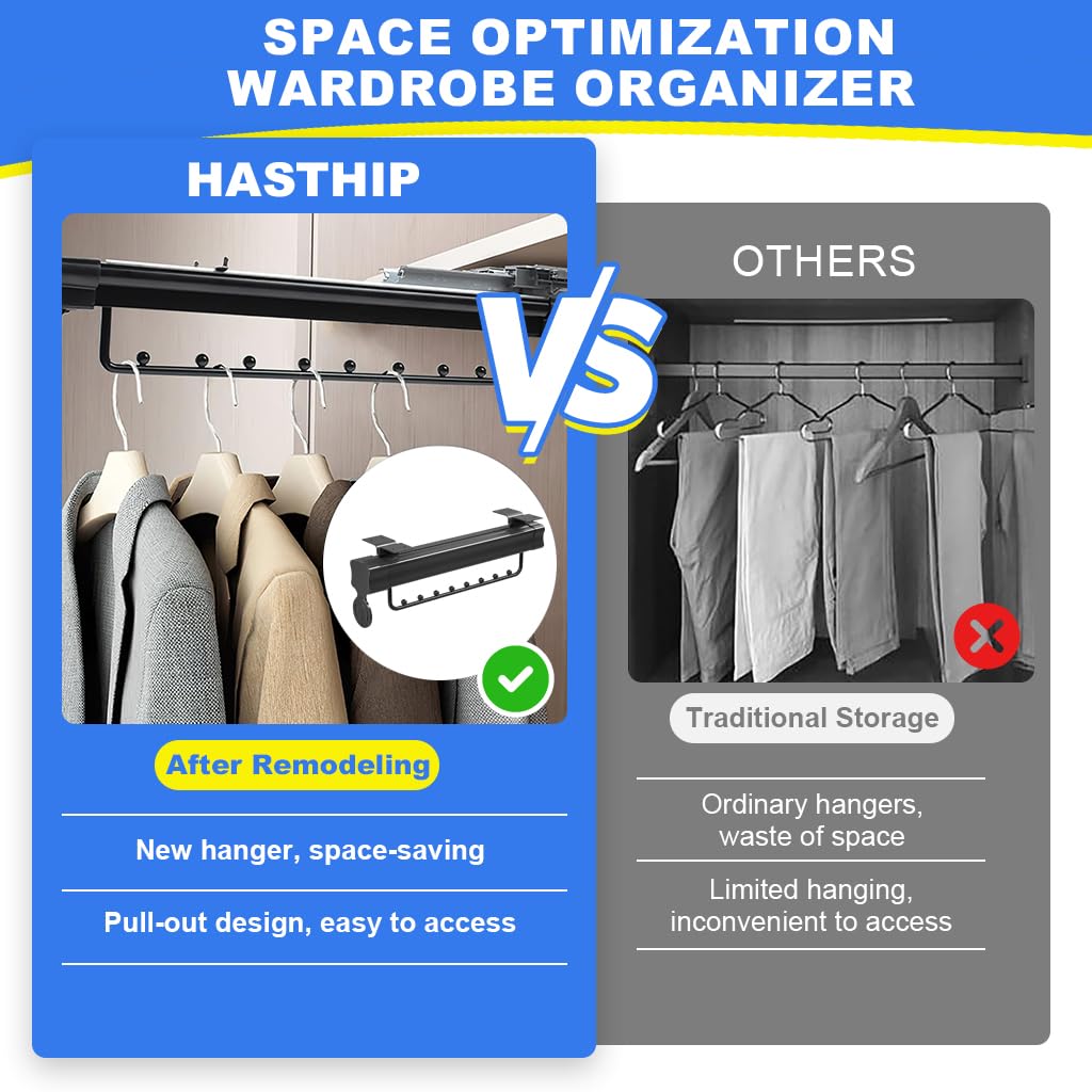 HASTHIP® Wardrobe Organizer Pull Out Hanger Rail Space Saving Multi Hanger Organizer Hanging Rail for Wardrobe Modification Wardrobe Closet Organizer Universal Screw Mounted Multi Hanger Organizer