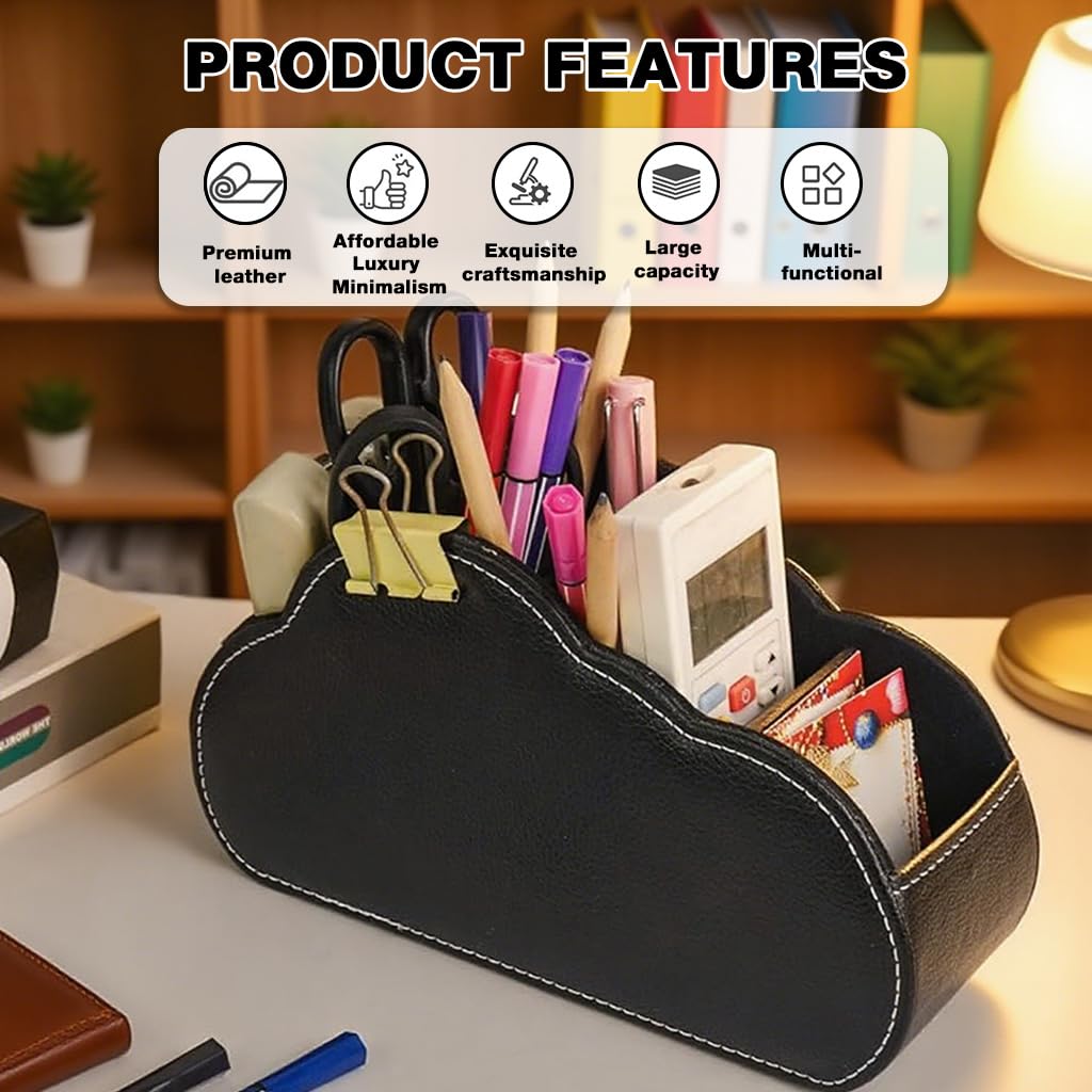 OFIFO Remote Holder for Table with 5 Compartments featuring Reinforced Panels and PU Leather Design | Ideal for Living Room or Office Organization