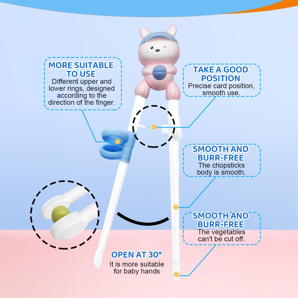 SNOWIE SOFT Kids Spoons and Forks Set for Self Feeding with Hinged Ring Chopsticks | Stainless Steel 3Pcs Pink Utensils for Ages 3–7