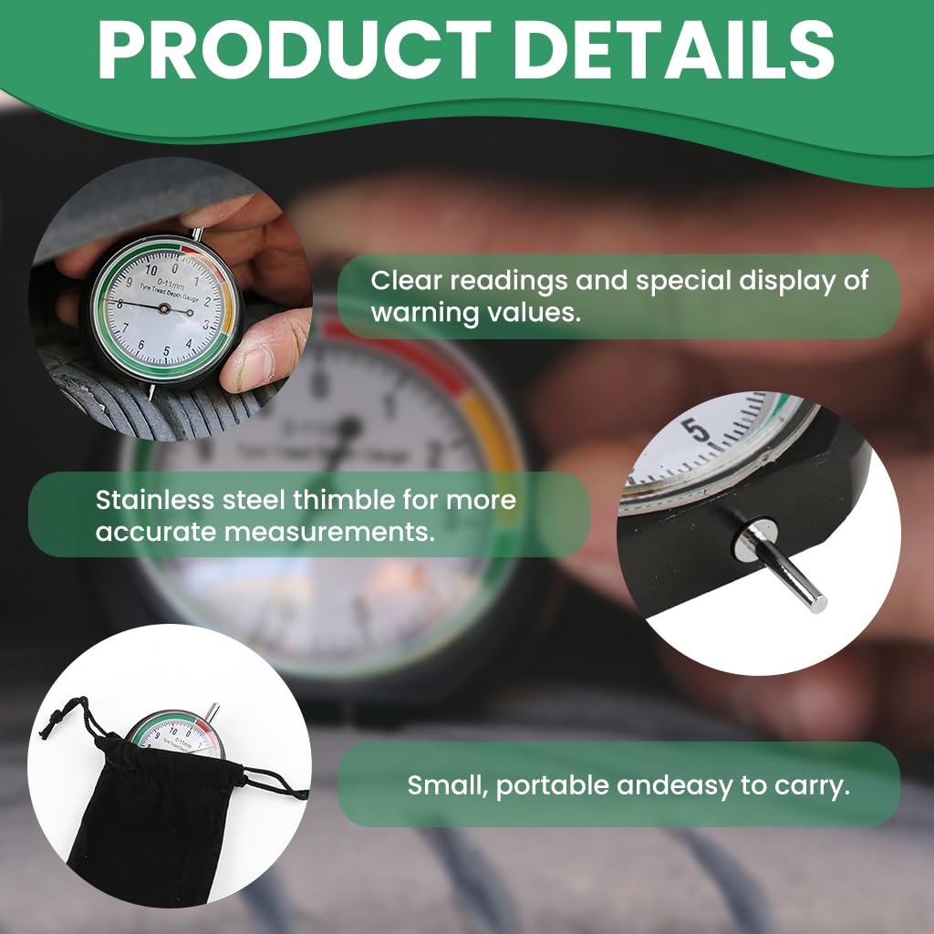 STHIRA Tyre Tread Depth Gauge for Cars and Motorcycles with 0–11mm Dial | Stainless Steel Build