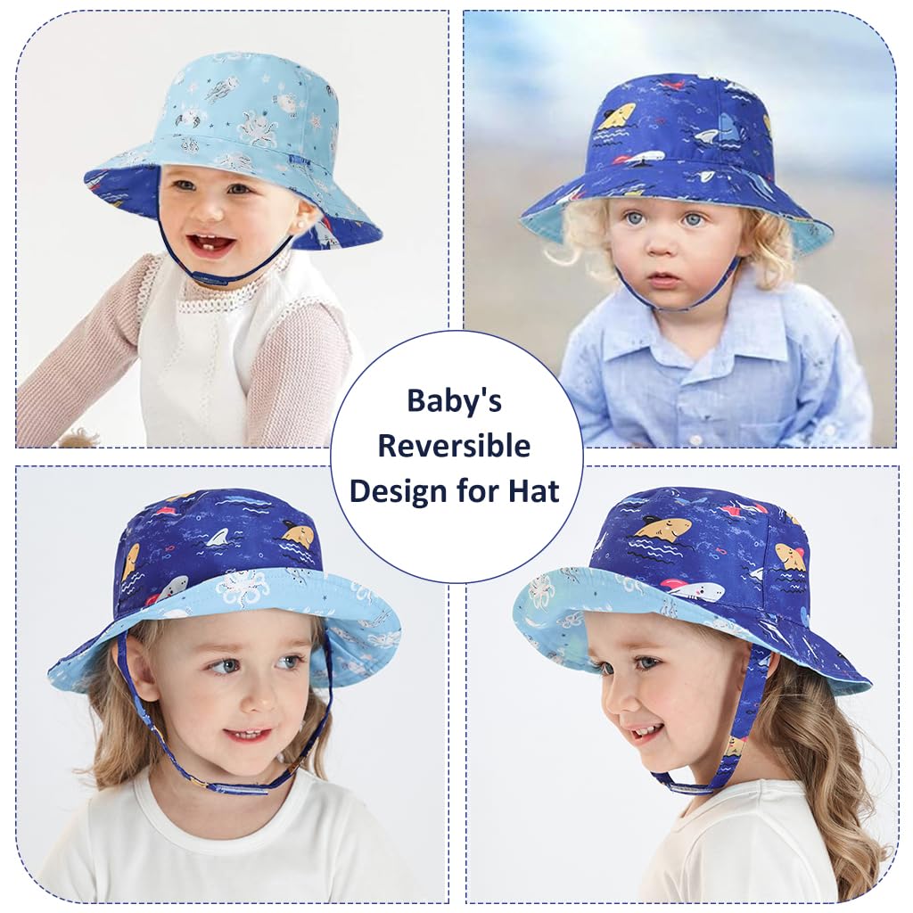 SNOWIE SOFT® Sun Hat for Baby Beach Hat Bucket Hat for Girls Boys Fashion Reversible Cartoon Hat for Boys Girls 3-6 Months, UPF50+ Sun Protection Beach Hat with Chin Strap, Head Circumference 46CM