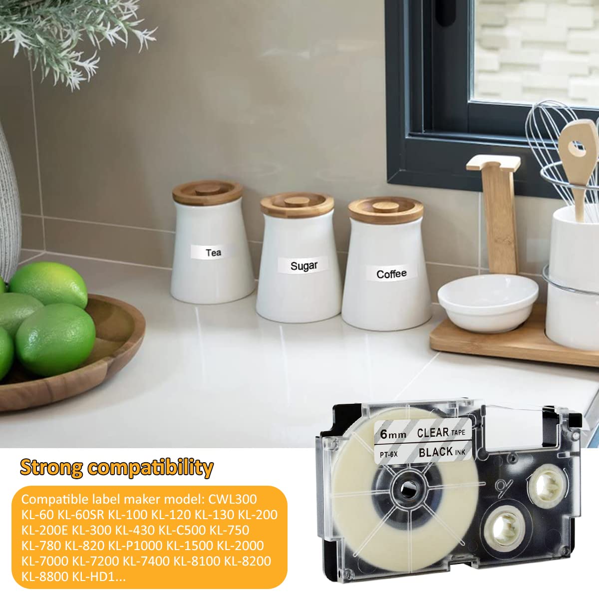 ZIBUYU Label Printer Tape for Casio KL Series with Split Back Design 6 mm x 8 m | Black on White