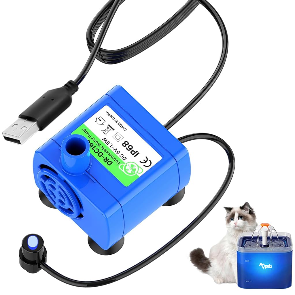 Qpets® Silent Pet Water Fountain Pump, Upgraded USB Air Pumps with LED Indicator Light Automatic Power Outage After Water Shortage, 5V Water Fountain Pump Replacement, 160L/h Max