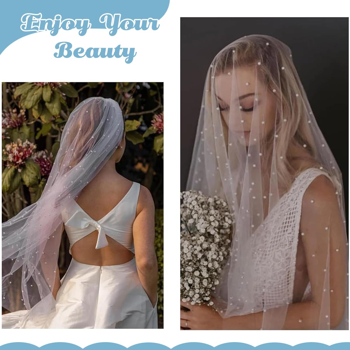 PALAY® Pearl Bridal Veil for Wedding White 1 Tier 1m Cathedral Tulle Veil with Comb, Elegant Fingertip Length Wedding Veil for Bride