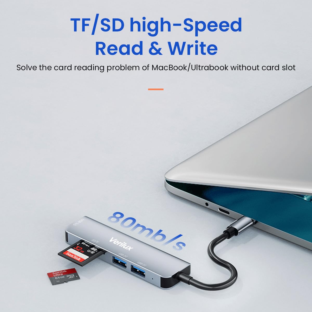 Verilux USB HUB 5 in 1 Type C to USB Connector with 3 USB Ports, SD/Micro SD Card Reader USB Type C Hub for Laptop, MacBook Air/Pro M1/M2, iPad Pro, Chromebook, Pixelbook, Dell, PC, Samsung Galaxy