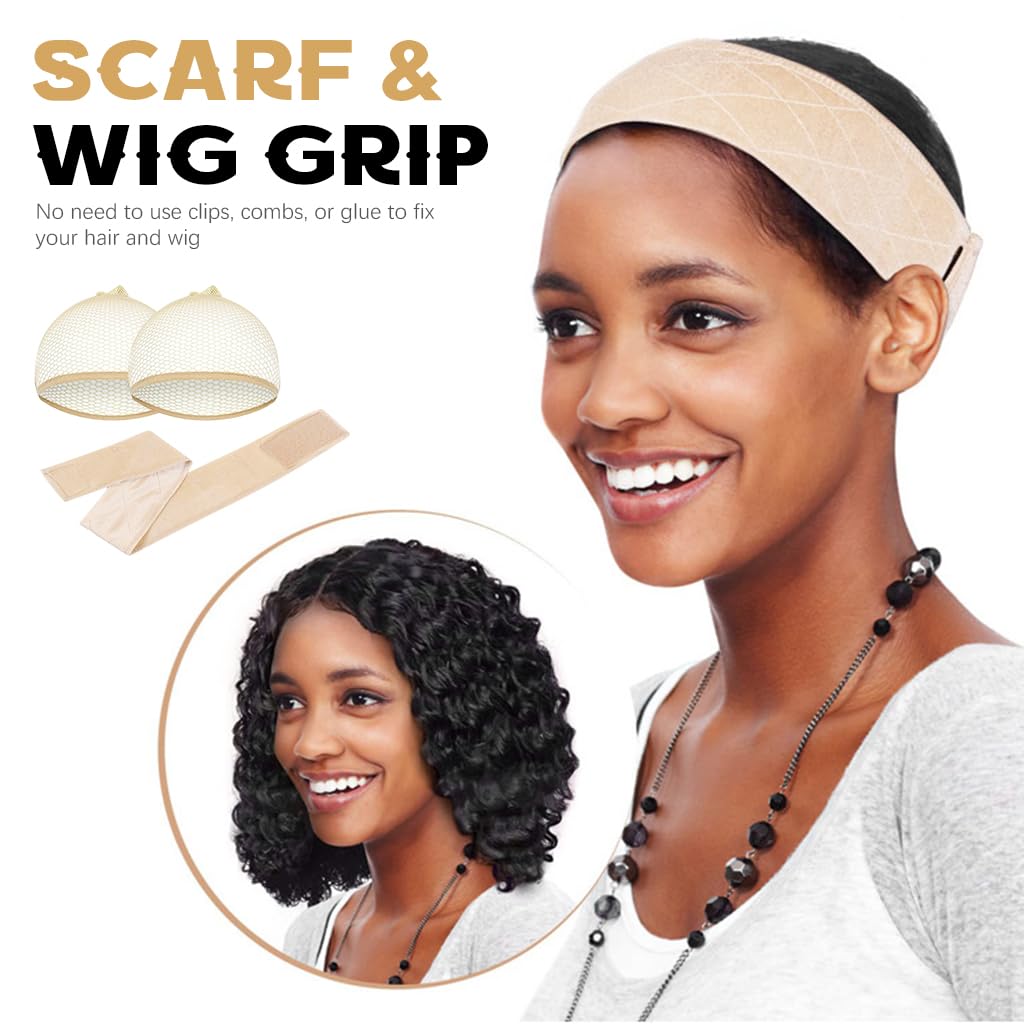 MAYCREATE Wig Grip Band for Securing Lace Front Wigs with Adjustable Velvet Material | Includes 1 Wig Grip and 2 Wig Caps