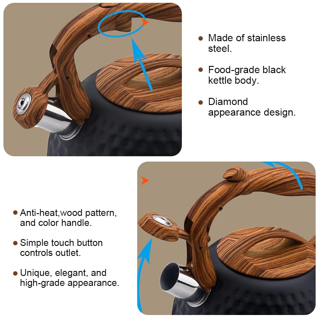 Supvox Whistling Kettle for Camping and Home Use featuring 3L Capacity and Wooden Handle | Stainless Steel Tea Pot