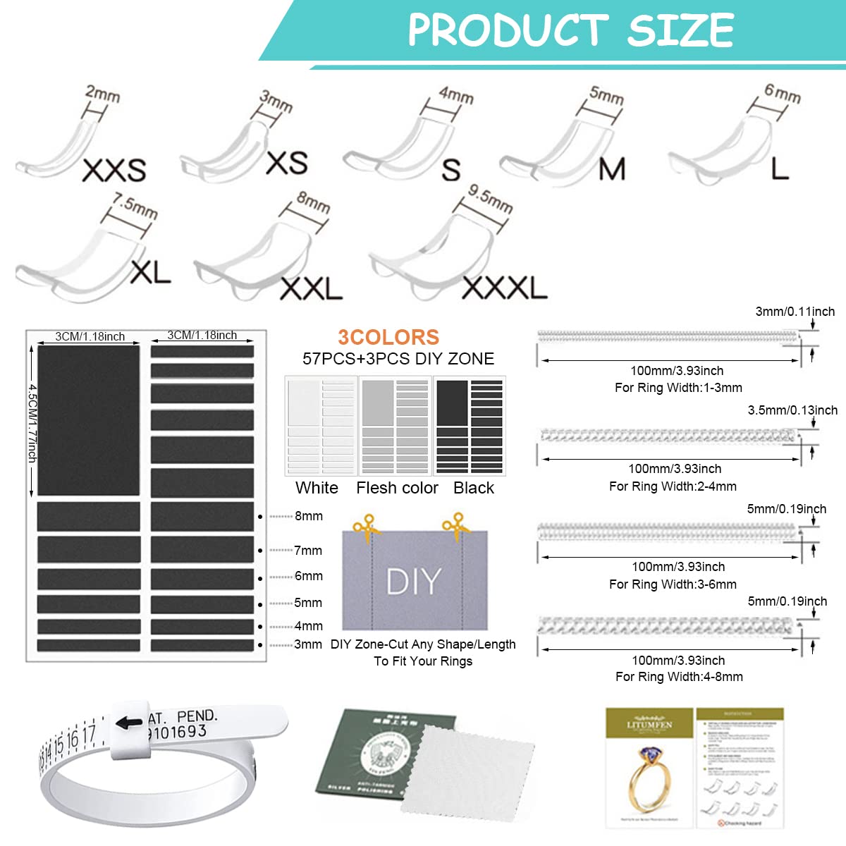 MAYCREATE Ring Size Adjuster for Loose Rings, Invisible Spiral Ring Adjuster Silicone EVA Foam Ring Tightener with Ring Size Measuring Tool & Polishing Cloth Kit