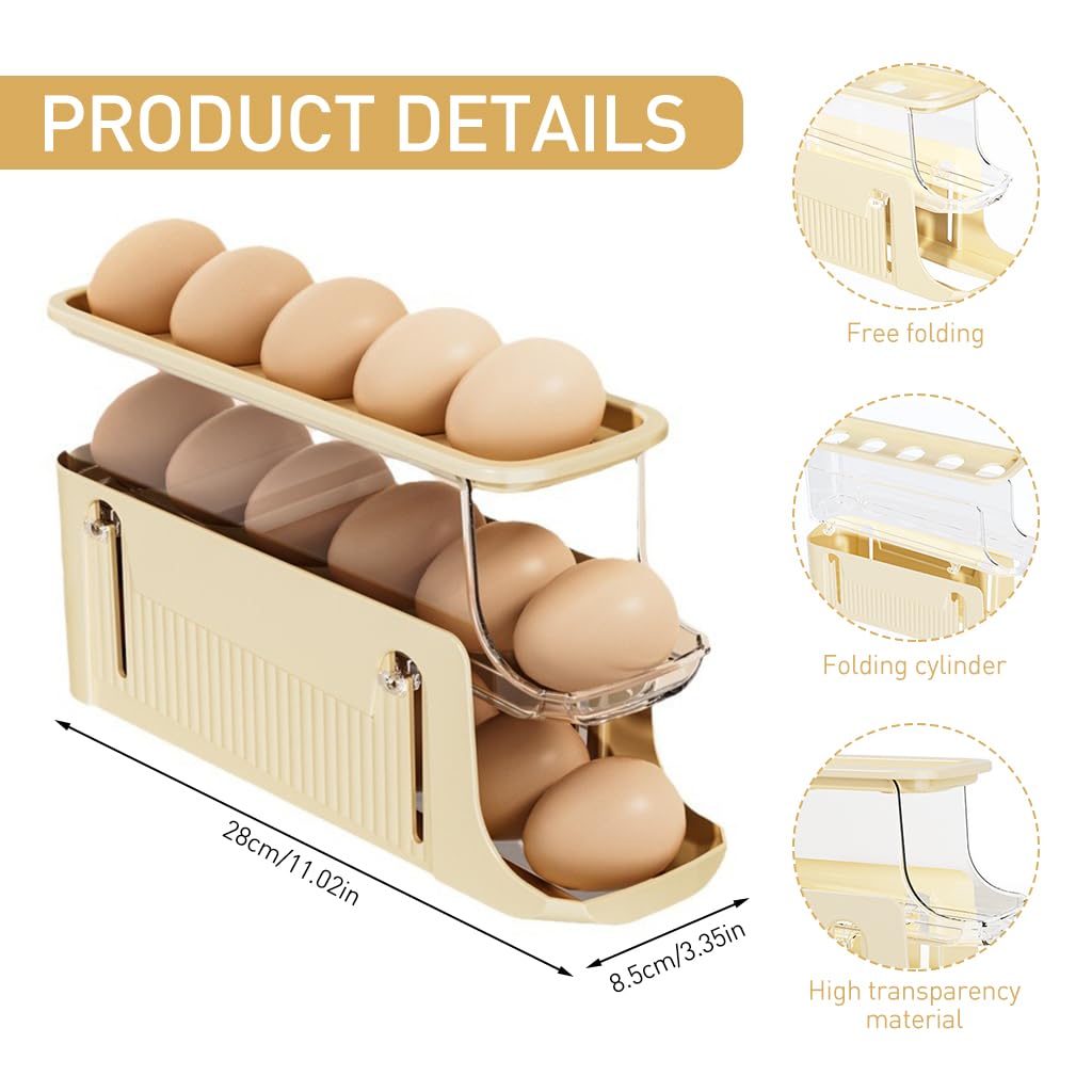 HASTHIP Kitchen Egg Holder for Refrigerator with 3 Layers 28x8.5x15cm and Auto Rolling Design