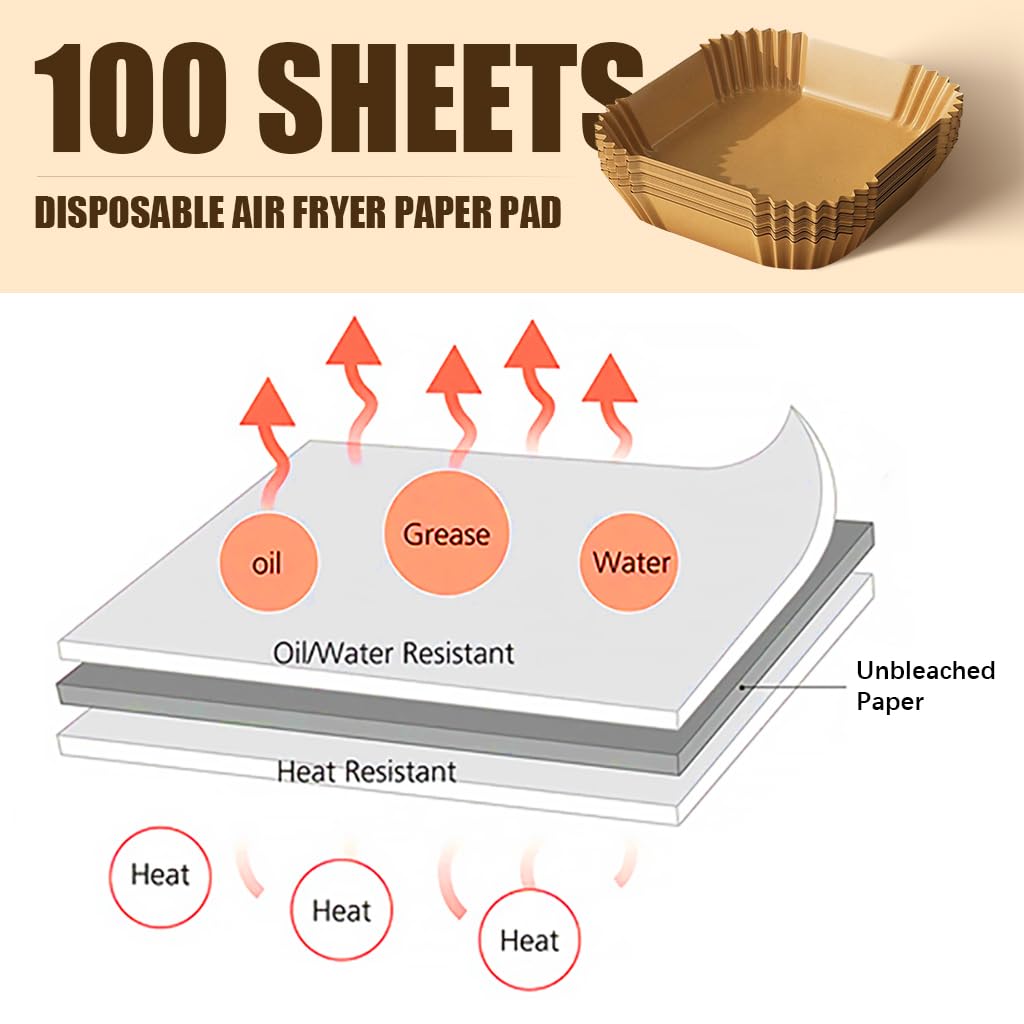 HASTHIP® 100Pcs Disposable Air Fryer Paper Sheets, 6.3 Inch Square Air Fryer Parchment Paper, Non-Stick Air Fryer Paper Pads Baking Paper for Baking Roasting Microwave Frying Pan, Steamer, Airfryer