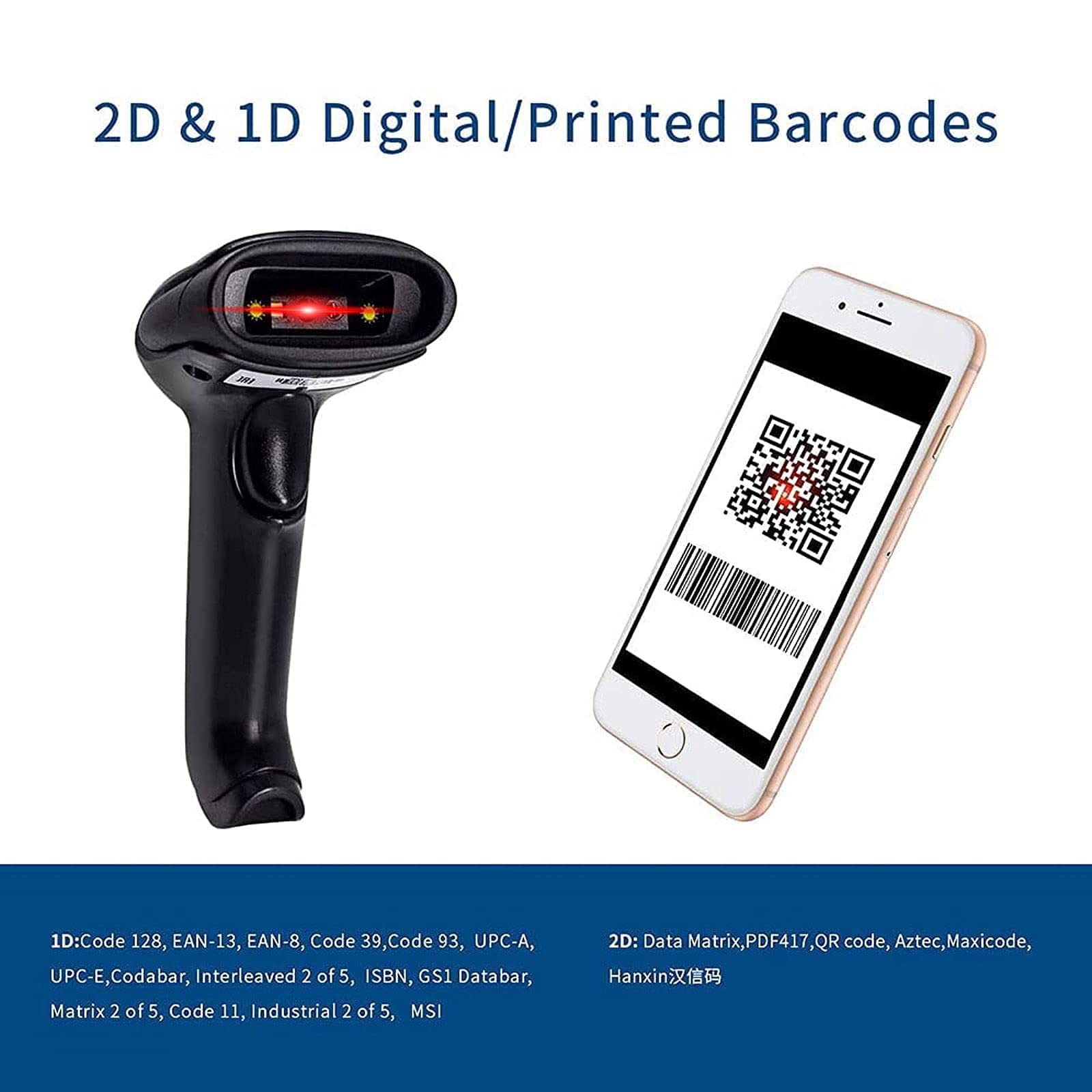 HASTHIP® 2.4GHz Bluetooth Barcode Scanner, Wireless 2D Barcode Scanner Handheld QR Code Scanner, USB Wired 1D Barcode Scanner for Shop, Store, Supermarket, Warehouse