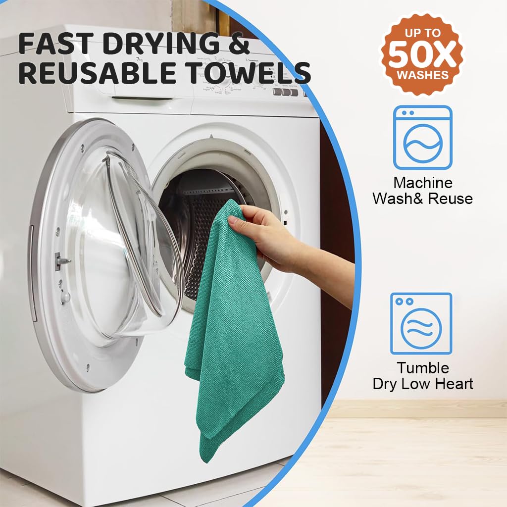 HASTHIP Microfiber Cleaning Cloth for Kitchen with Pre Cut Tear Away Design 15 Count 25x60cm Green