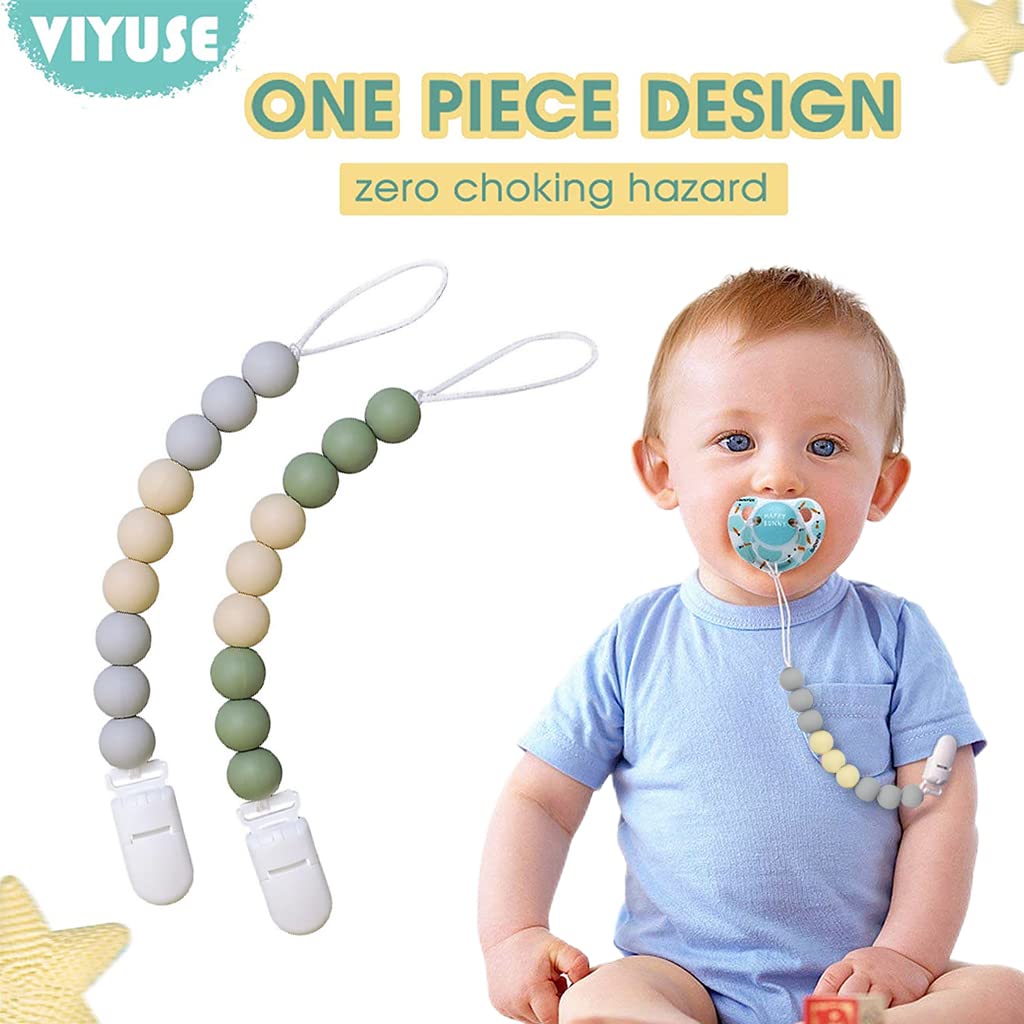 SNOWIE SOFT® 2Pcs Pacifier Chain with Pacifier Clips, Baby Teether Holder Belt Pacifier Clip for Baby Present, Teether Toy Pacifier Anti Lost Clip Teething Toy (Beige, Grey)