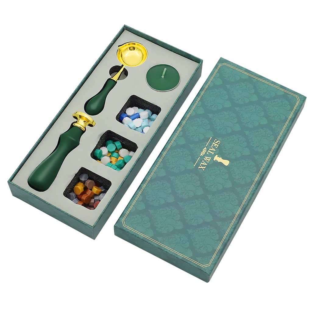 HASTHIP® Wax Seal Stamp Gift Box Set, Sealing Wax Stamps with Brass Head for Cards Envelopes, Includes Wax Beads, Candles, Wax Melting Spoon, Wooden Handle Stamp, Fine Gift Box (Green)