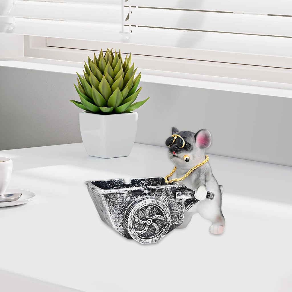 HASTHIP Fun Desk Ashtray for Home or Office featuring Resin Bulldog Wheelbarrow Design | Cute Gift Décor