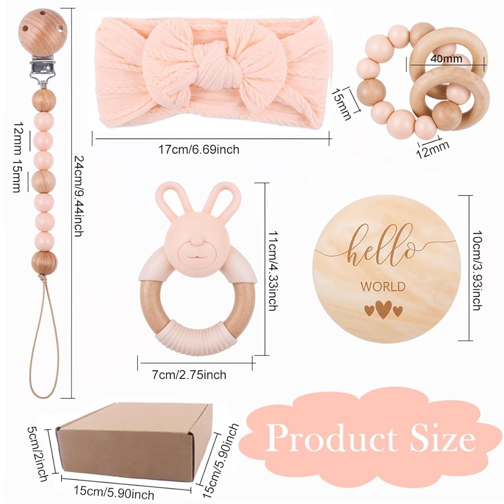 SNOWIE SOFT 5 Pcs Baby Girls Shower Gift Box Set New Born Baby Gifts Pink Bunny Baby Teether Pacifer Chain Clip Beaded Chain Soothing Toy Pink Bow Headband Food Grade Silicone Baby Teether