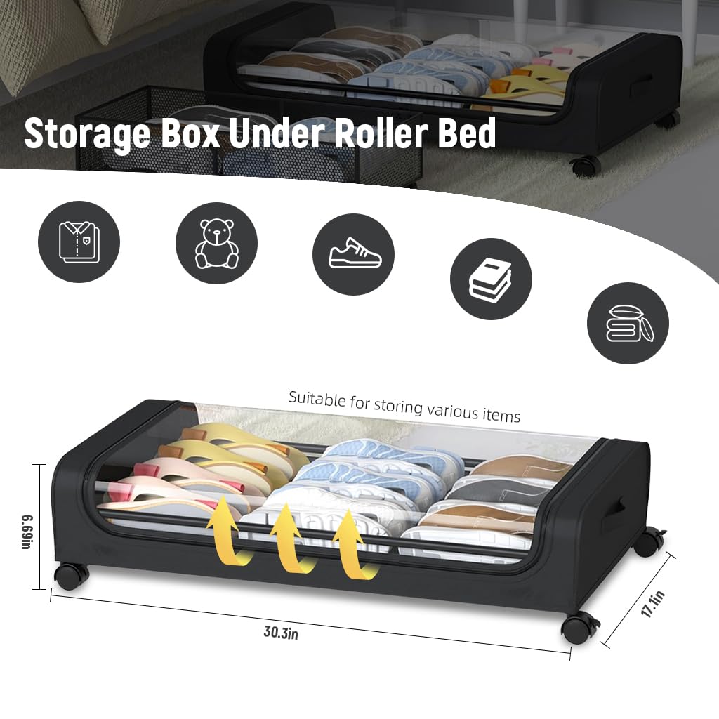 HASTHIP® 1 Pcs Under Bed Storage Organizer Zip Cover with Wheels, Rolling Under Bed Storage Container, 32