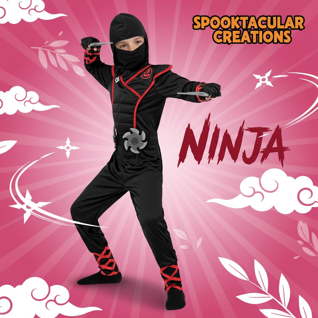 PATPAT Kids Ninja Costume Set for Halloween with Toy Props and Red Accents | Size 110