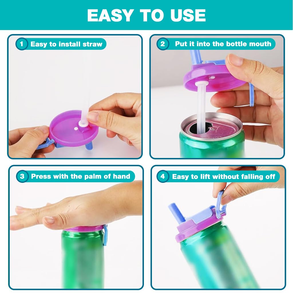 HASTHIP Reusable Soda Can Lids 4 Pack with Silicone Straws and Airtight Spill-Proof Seal | Fits 12oz and 16oz Cans