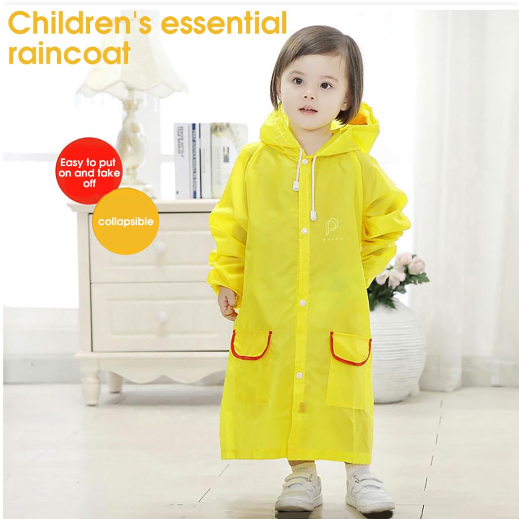 PALAY Raincoat for Kids Boys Girls with Hood, Polyester Rain Ponchos with Pockets and School Bag Coverage, Bright Color Raincoat for 3-7 Years Old Kids (Yellow)