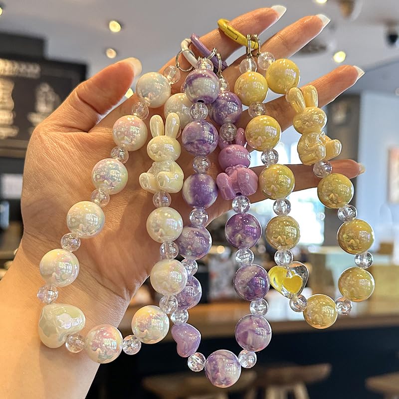 ZIBUYU® Bunny Phone Charm Beaded Chain Cute Purple Acrylic Strap for Mobile Keys Bags Decorative Wrist Keychain Accessory Women Girls White 2PCS