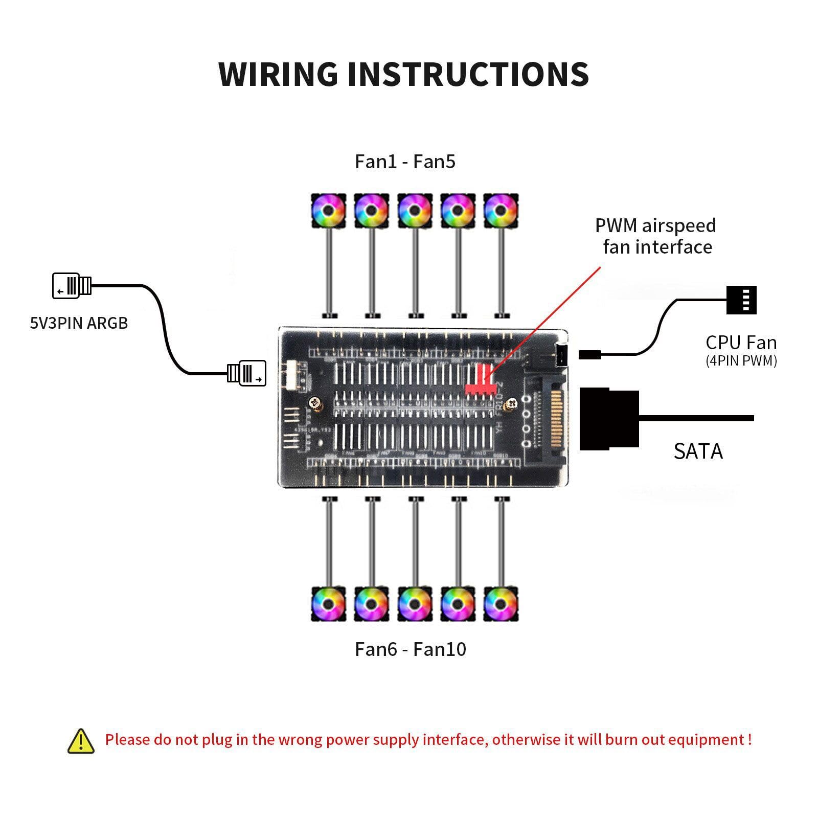 Verilux® ARGB and PWM Fan HUB, 10 Ports for Addressable RGB Lighting, 1 to 6 Multi Way backplane Splitter 5V/3PIN Case Fan Hub Adapter, 3-Pin PC PWM Fan Hub CPU Cooling HUB Controller Fan Hub Splitter