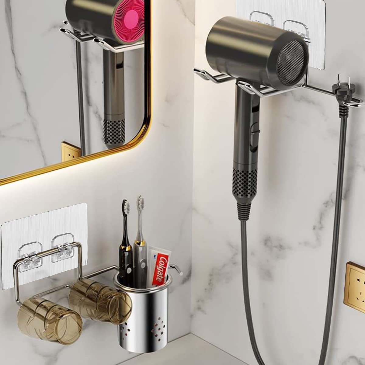 HASTHIP Hair Dryer Holder for Bathroom Wall with Plug Slot and Waterproof 3PCS Rack | Silver Organizer