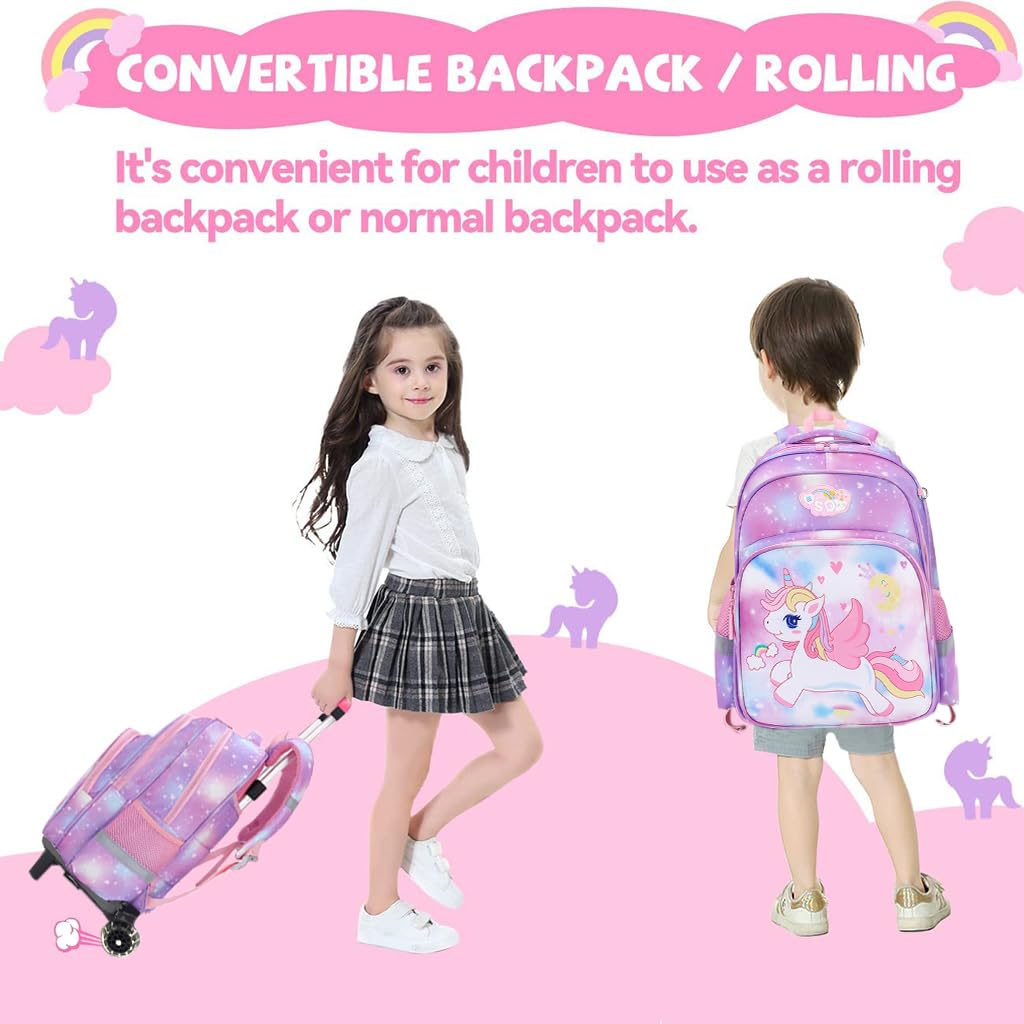 FANCYKU® Unicorn Print School Backpack for Girls Travel Backpack for Girl School Bag on Wheel Detachable Wheel Stand Gift School Bag for Girls