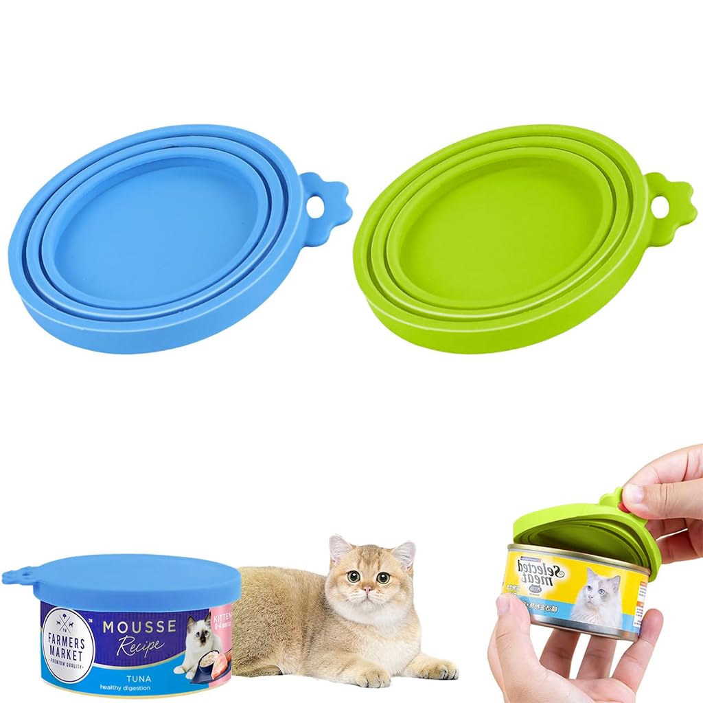 Qpets® 2Pcs Pet Can Lid Cover, 3 In 1 Silicone Pet Food Can Lid for Food Storage, Soft Easy to Clean and Fresh-Keeping Lid for Cat Dog Food Can Lid Can Cover for 3/5.5/12 Oz, Blue & Green