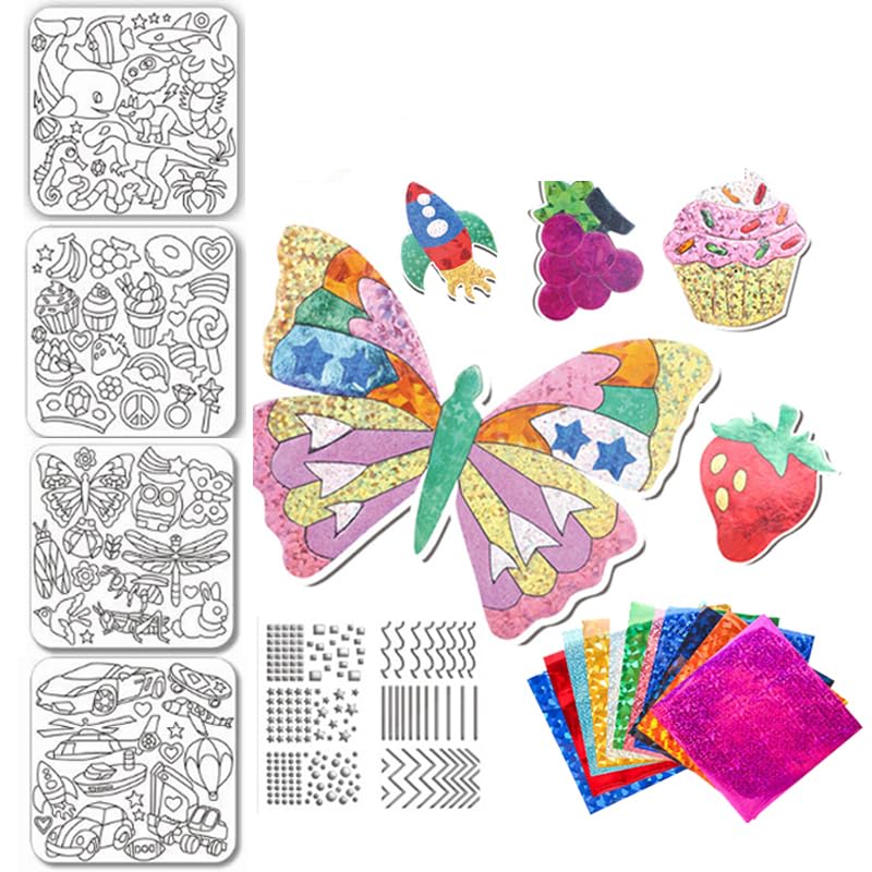 PATPAT® DIY Foil Sticker Art Crafting Kit for Kids Patchwork Foil Sticker Art Craft Supplies Kit Educational Fun Butterfly Foil Sticker for DIY Art Sensory Art Toys for Kids 2-3 Years Old