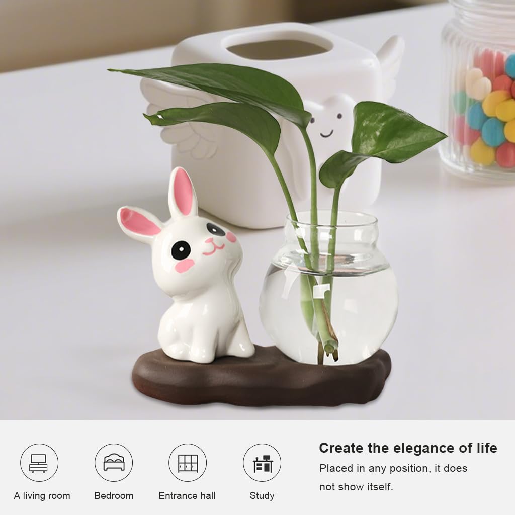 HASTHIP Mini Glass Hydroponics Pot Set for Desk Decor with 6.5x7cm Glass Pots and Compact 12x6cm Base | Cute Ceramic Bunny Ornament Gift