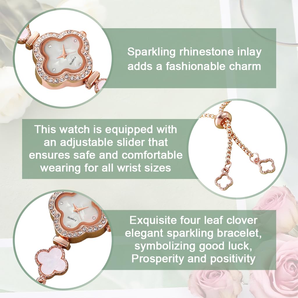 Fancyku Wrist Watch for Women with Adjustable Sliding Buckle and Four Leaf Clover Charm | Rose Gold Rhinestone Bracelet Gift