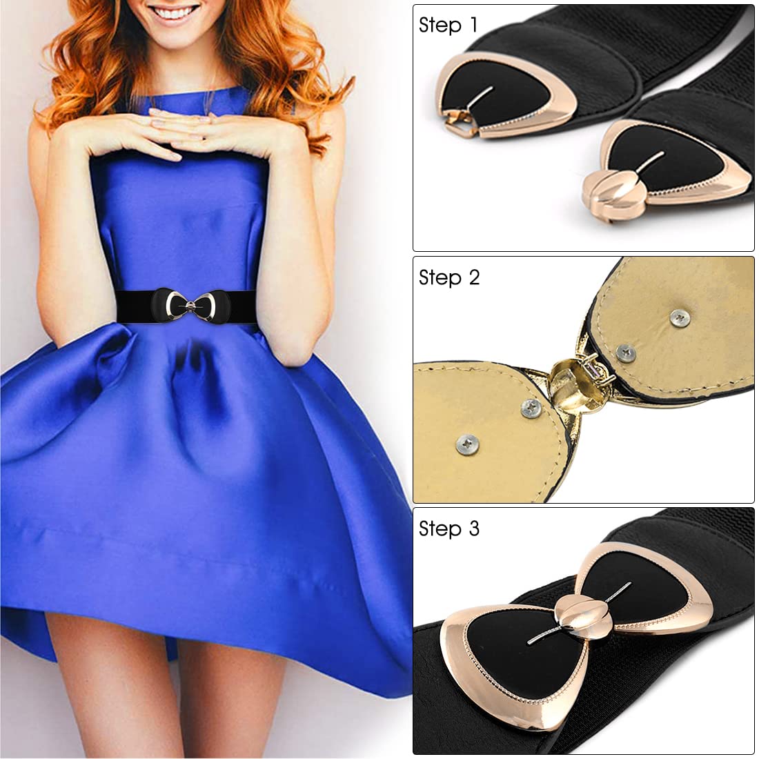 ZIBUYU® Bowknot Wide Elastic Belt For Dress Vintage Ladies Stretchy Belt Interlocking Buckle for Jumpsuit Blouse Blazer Dress (Black)