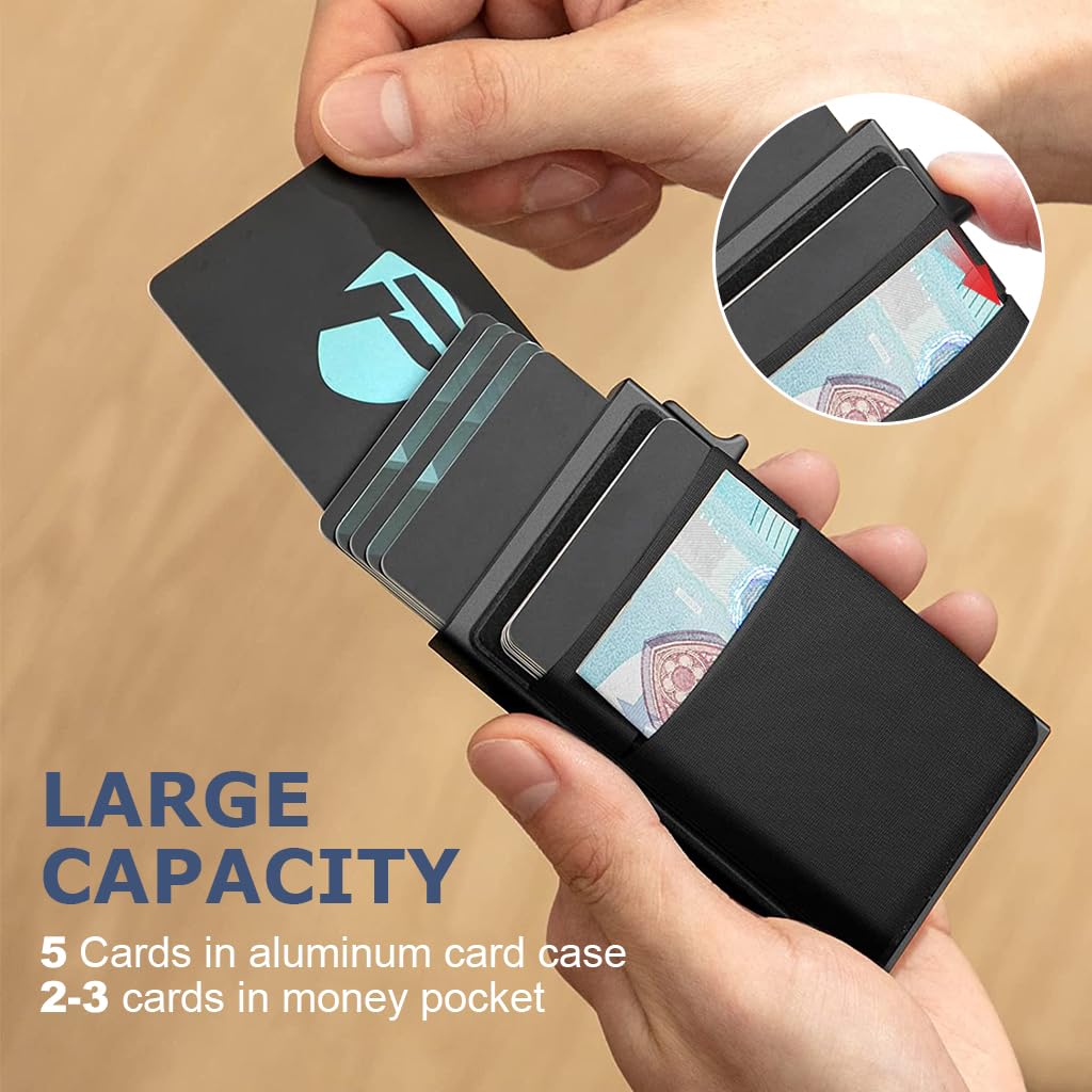 GUSTAVE Pop Up Card Holder for Travel with Push Up Mechanism and RFID Blocking | 3.8x2.5 in Aluminum Slim Wallet for Men