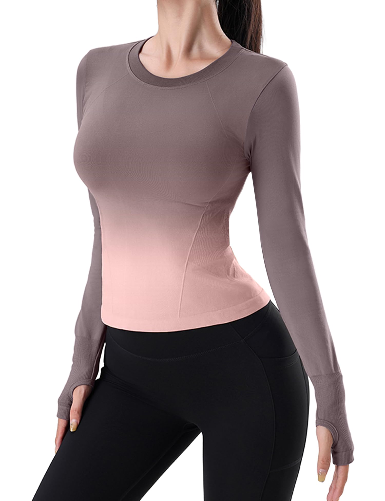 Venzina Women's Gradient Workout T Shirt for Yoga and Running with Thumbholes | Quick Dry Slim Fit Long Sleeve Top in Pink