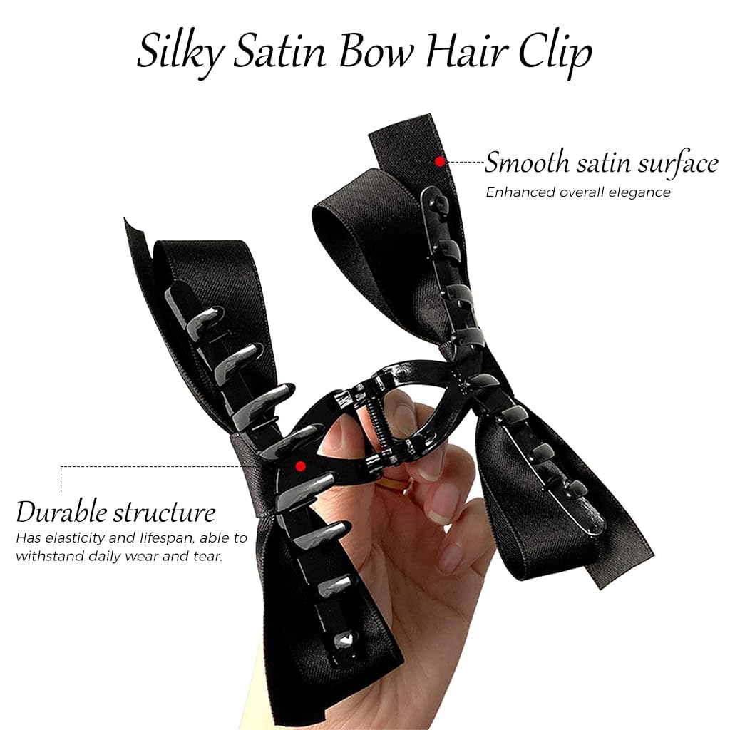 PALAY® Bow Hair Clips for Women Stylish 5'' Large Bow Clutcher for Women Hair Satin Hair Bow Clips for Women Girls Big Hair Claw Clip Clamp - Black