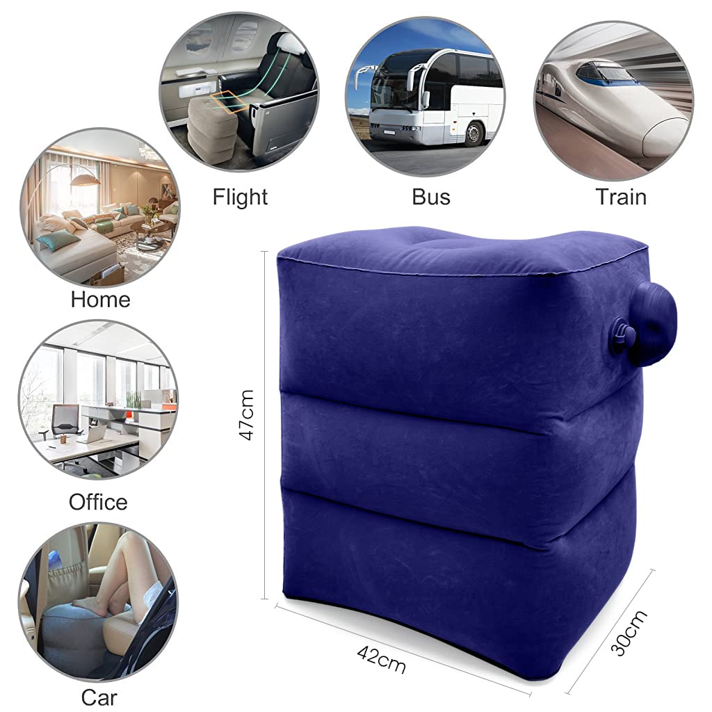 HANNEA Inflatable Air Travel Pillow for Flight and Office with Self‑Inflating Valve | Dark Blue 16x11x18 in Footrest for Adults and Kids