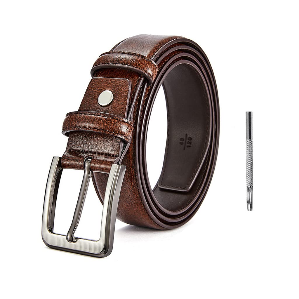 GUSTAVE® Classic Leather Belt for Men, Slim Fashion Texture Leather Mens Belt with Single Prong Buckle Waist Belt for Work Business and Casual (Brown)