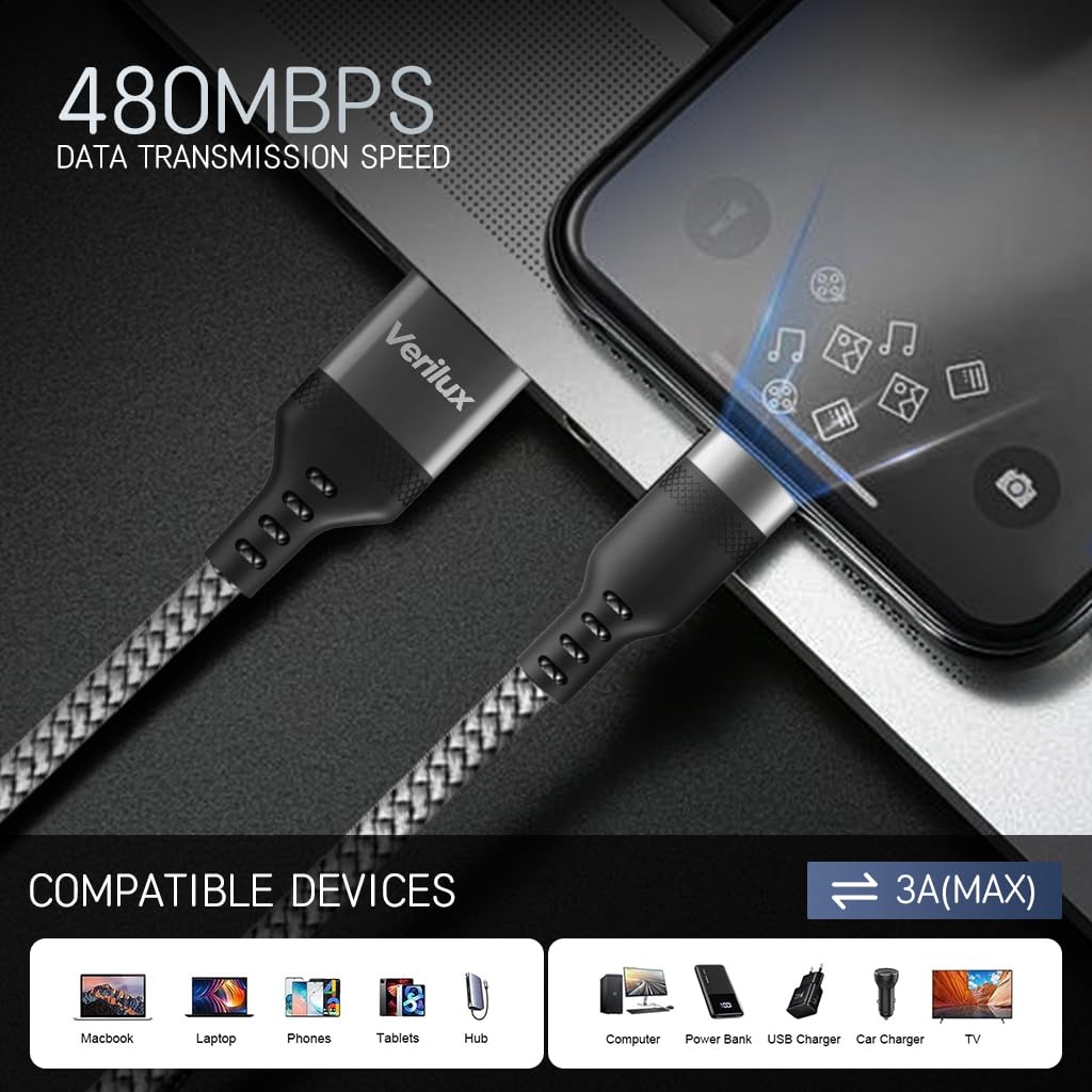 Verilux USB C Cable for Fast Charging and Data Transfer featuring 16.4ft Nylon Braided Design | 15W 3A Power Delivery