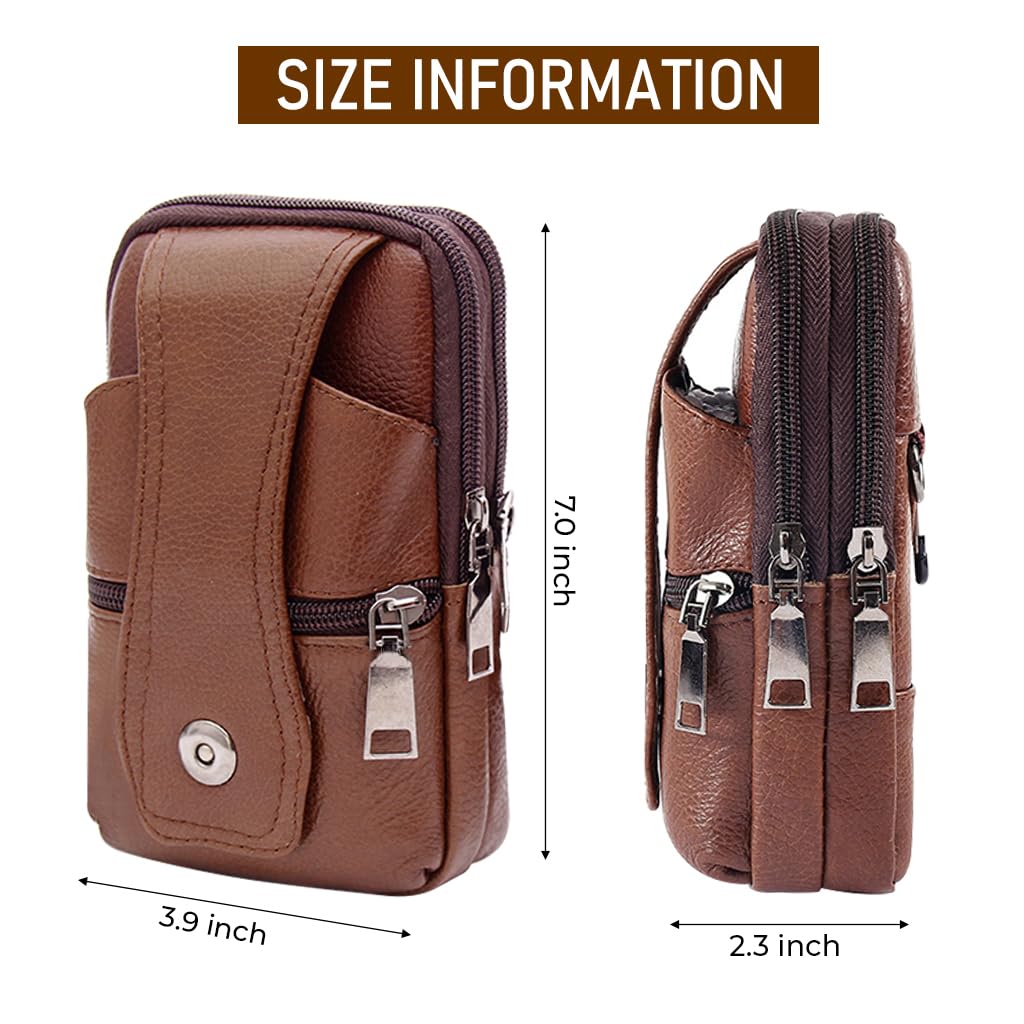 ZIBUYU Mobile Pouch for Men with Magnetic Cover and Belt Clip in Brown Leather | Hands Free Crossbody Holster for iPhone 12 13 14 Pro Max