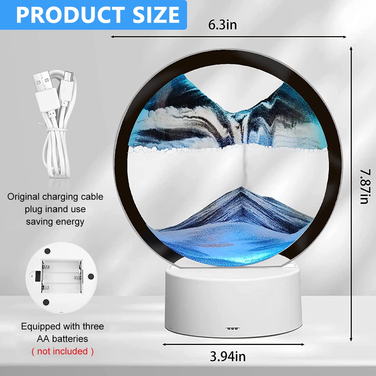 HASTHIP Moving Sand Art Desk Decoration for Relaxing Home Display with LED Light Base | Blue Glass Showpiece for Living Room and Office Decor