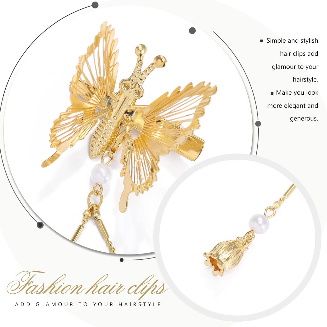 SANNIDHI Metal Butterfly Hair Clips for Girls with Tassel and Faux Pearl Design | 2 Pack Gold
