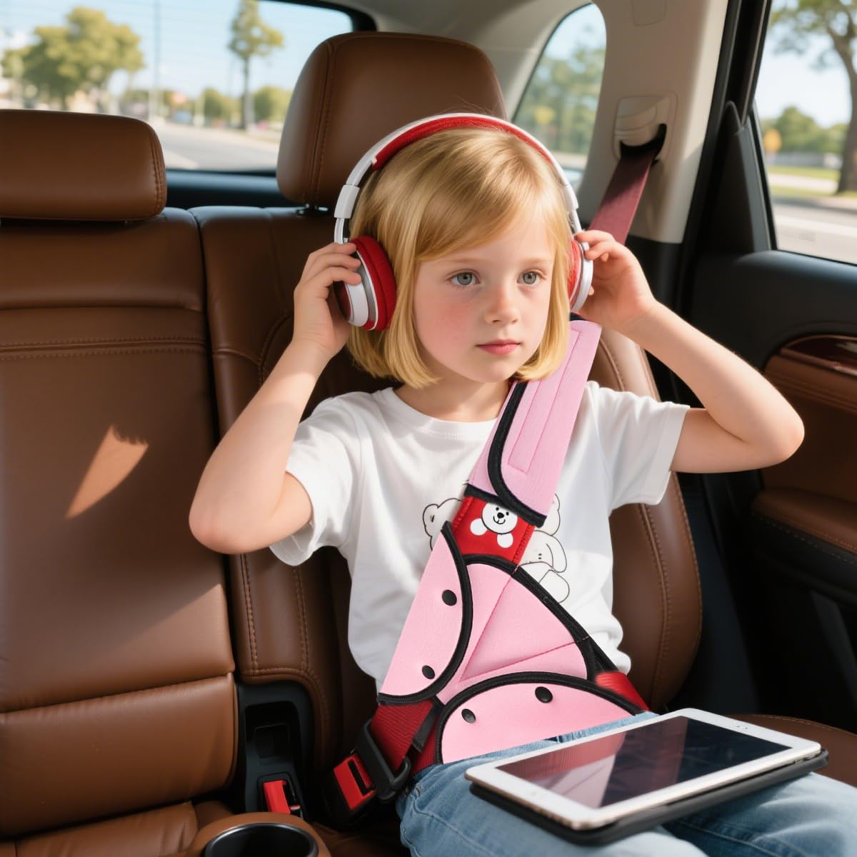 STHIRA Kid's Seatbelt Cover Pad for Child Comfort with Soft Cotton Padding and Breathable Pink Cushion | Universal Fit for Booster Seats and Strollers