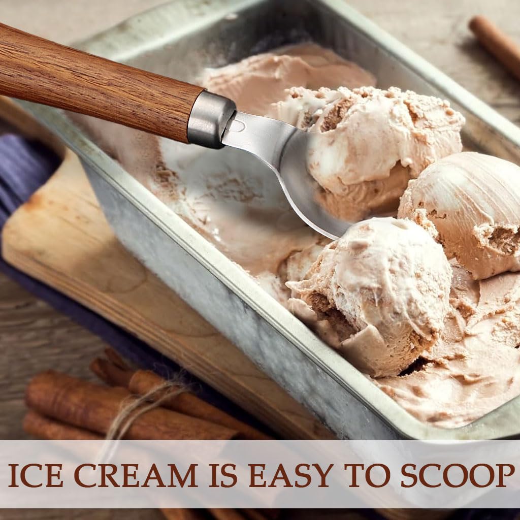 ZIBUYU Ice Cream Scoop for Desserts with Ergonomic Wooden Handle and 304 Stainless Steel | Easy Food Release and Dishwasher Safe