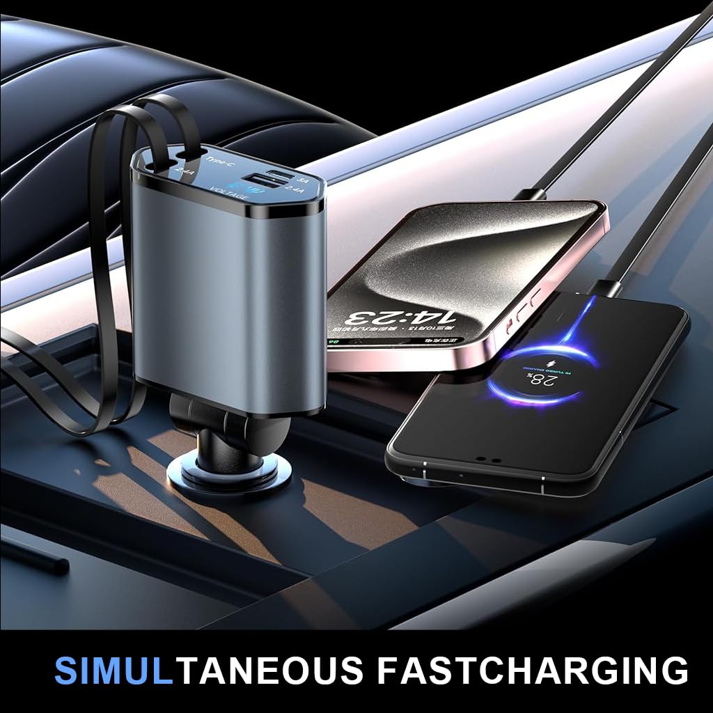 STHIRA Retractable Car Charger for Travel with 120W Power and 31.5in Cables | 4 Ports