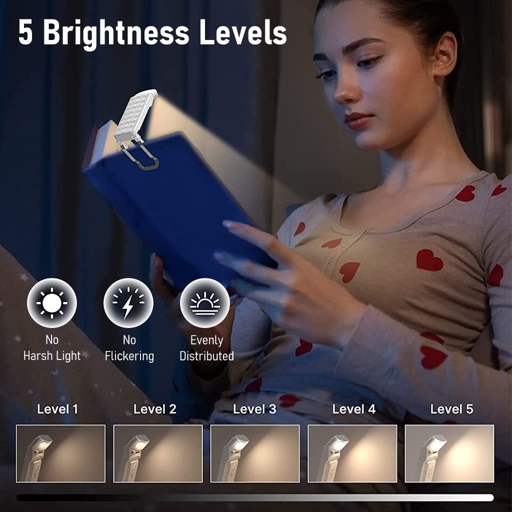 ELEPHANTBOAT Book Light for Reading in Bed with 3 Colors and 5 Brightness Levels | USB Rechargeable Clamp Design